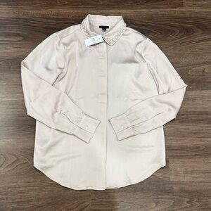 Ann Taylor Pearl-Embellished Beige Blouse